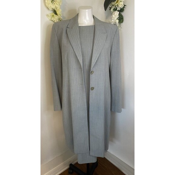 Vintage St Michael Marks Spencer 2 Piece Dress & Coat Set Gray Pinstripe Sz 16 - Picture 15 of 16